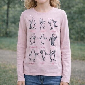 GAP Girls Pink Penguin Graphic Long Sleeve Tee Shirt Size 8 Cute Animal Top